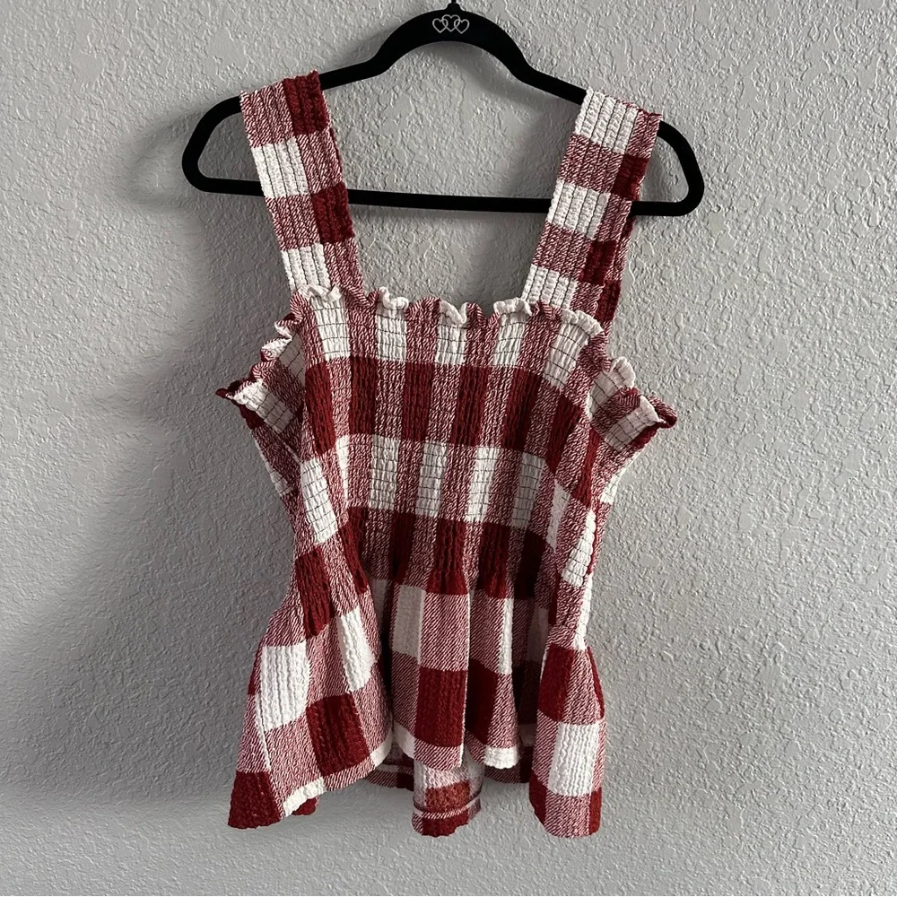 LOFT Burgundy Red & White Gingham Smocked Peplum Tank Top NWT Size L - Picture 5 of 9